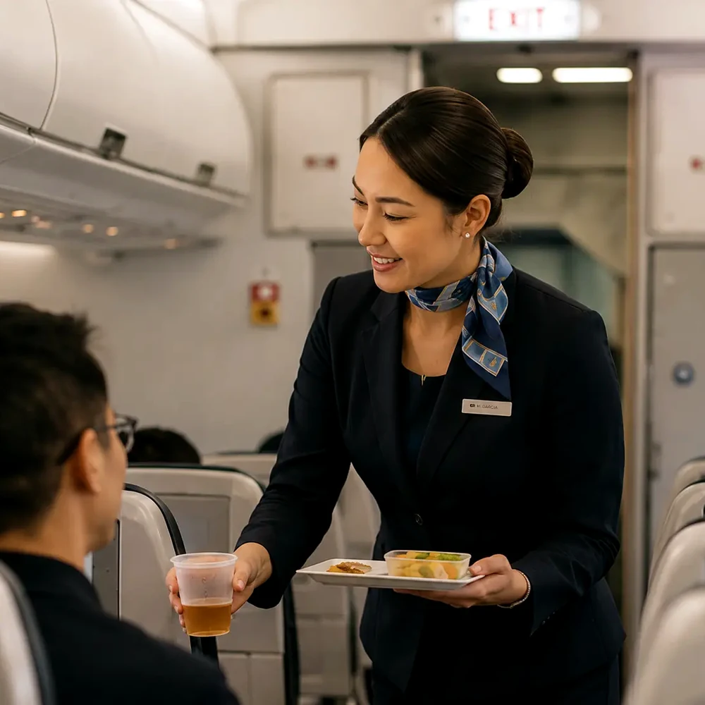 Flight attendant serving passenger