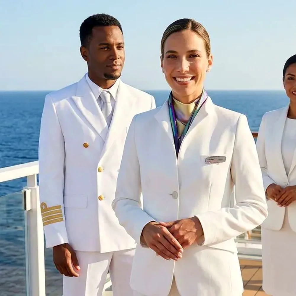 Cruise officers in white deck uniforms
