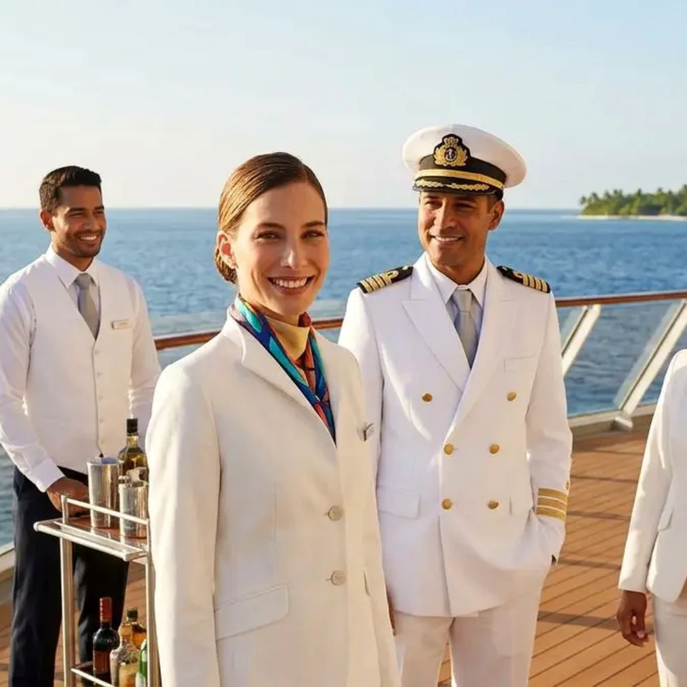 Captain and guest relations crew on deck
