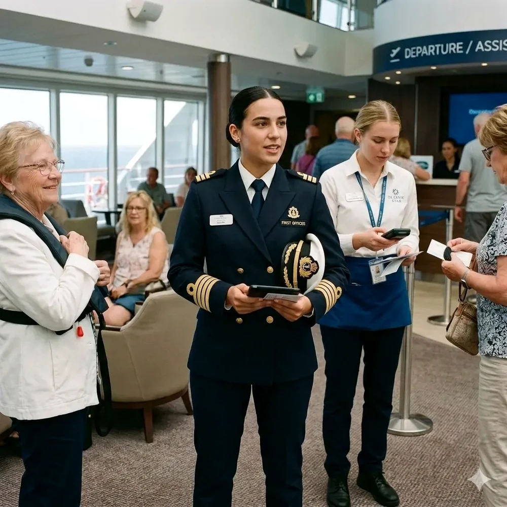Cruise first officer assisting passengers