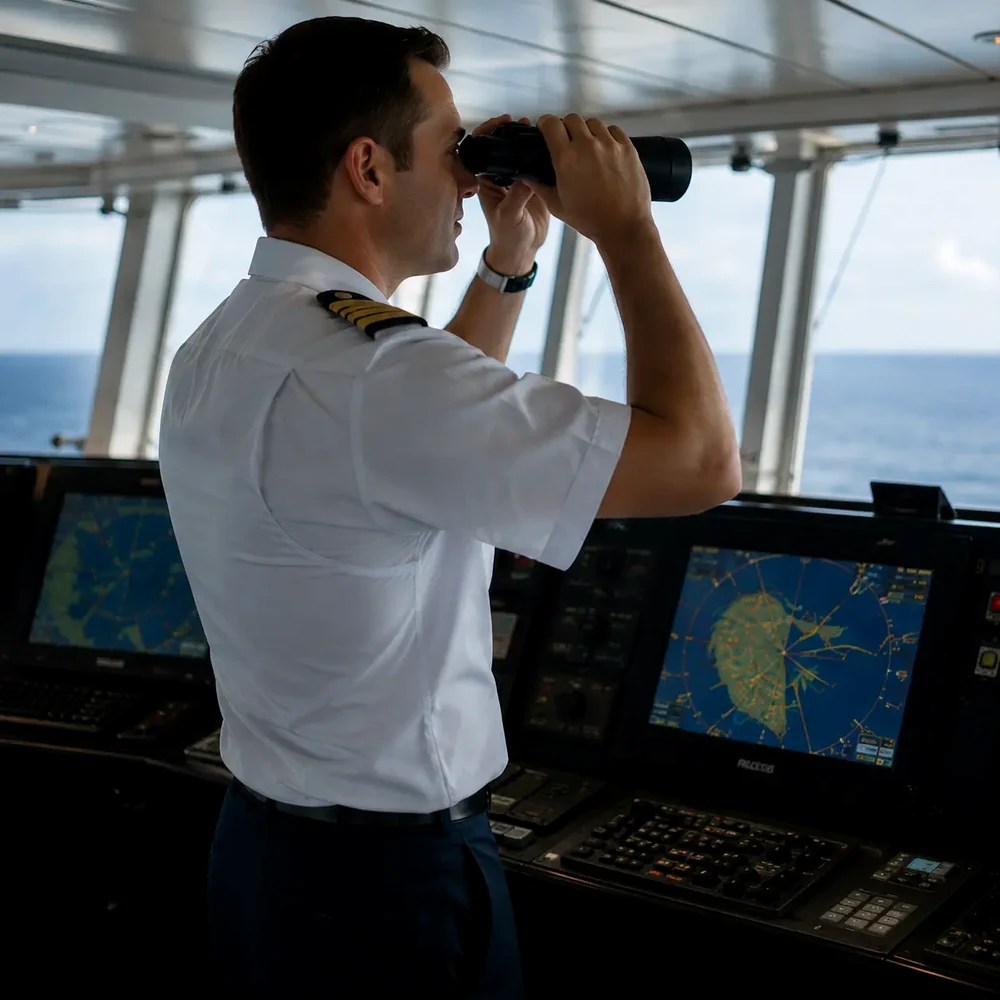 Bridge officer in maritime uniform