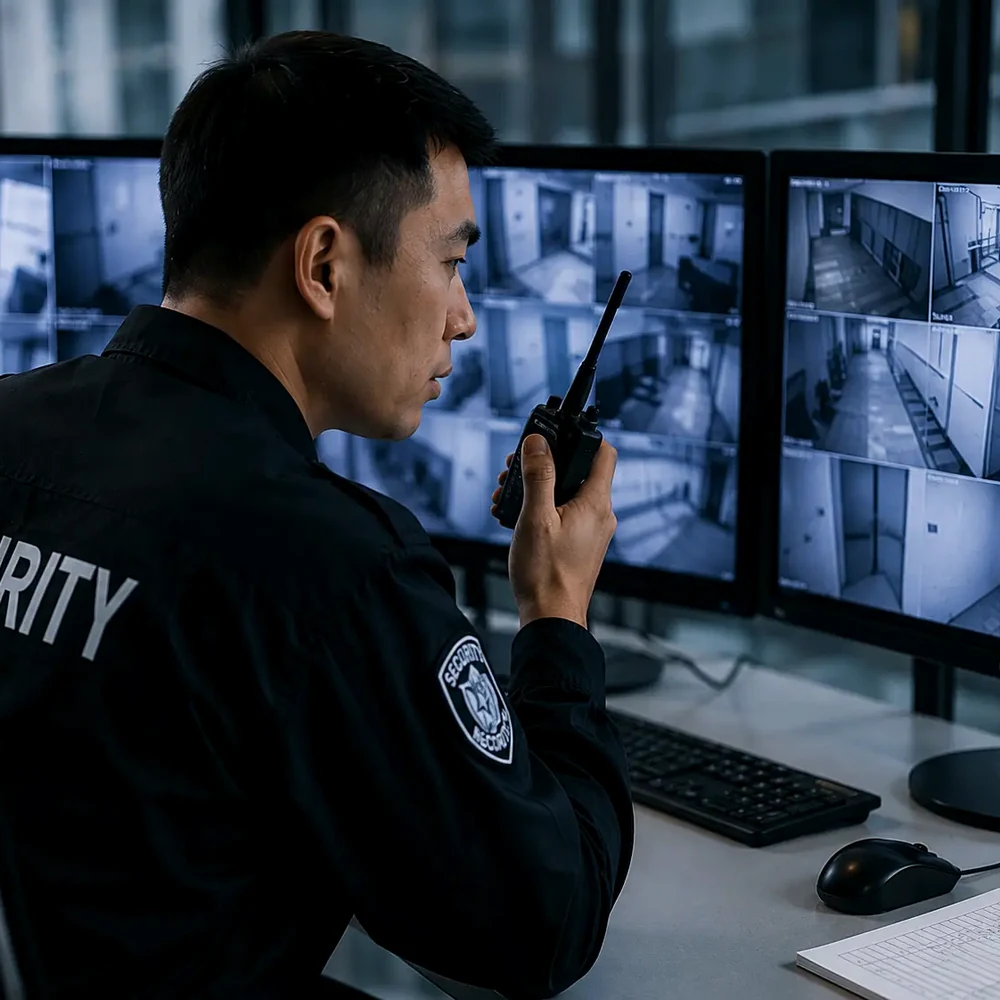 Security officer monitoring surveillance cameras