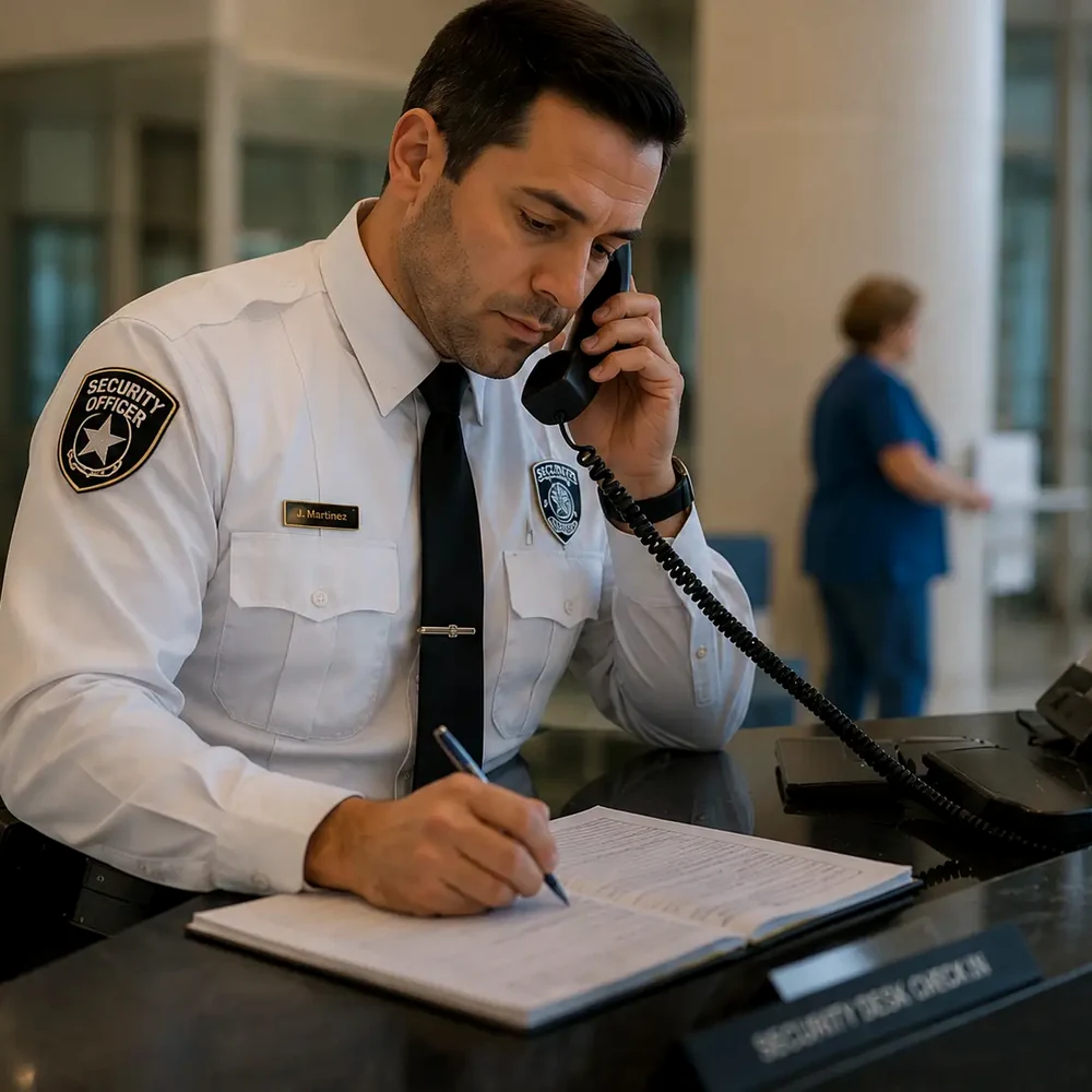 Security officer taking a phone report at the desk
