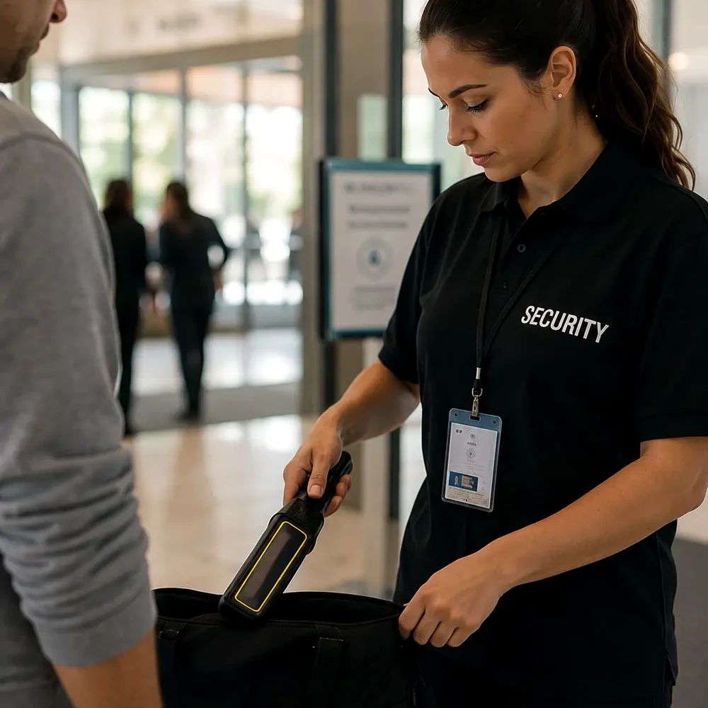 Security staff scanning a visitor bag