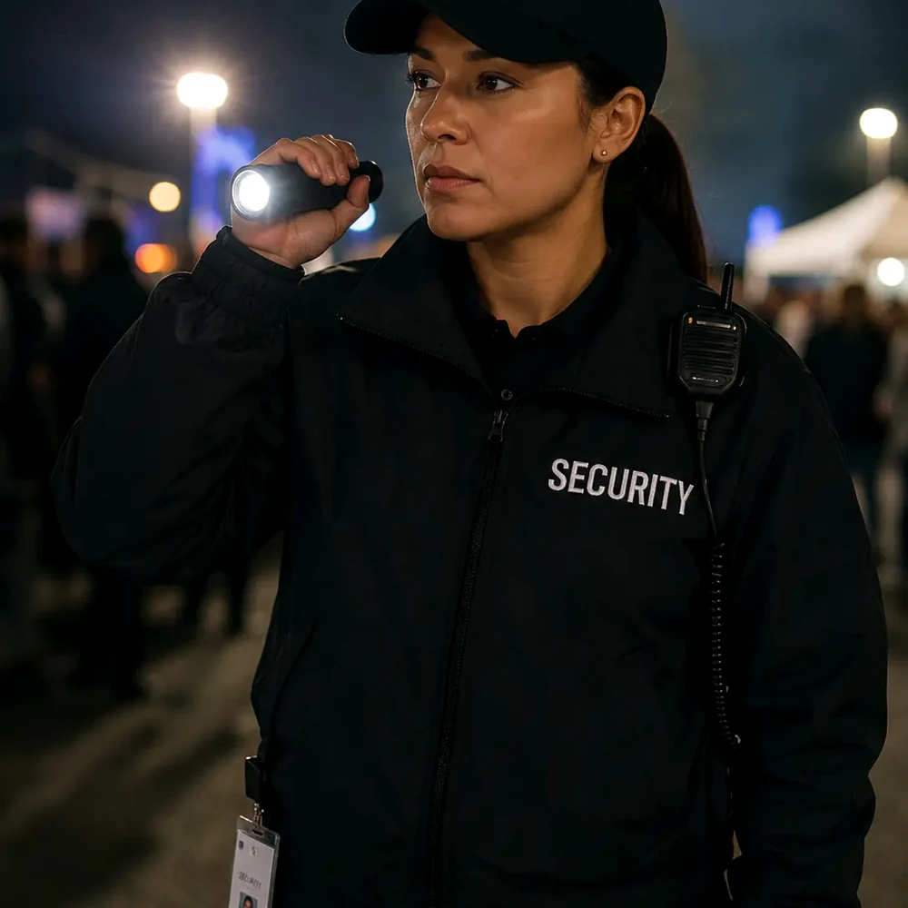 Night security officer with flashlight