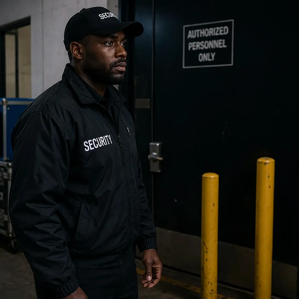 Security guard at restricted access entrance